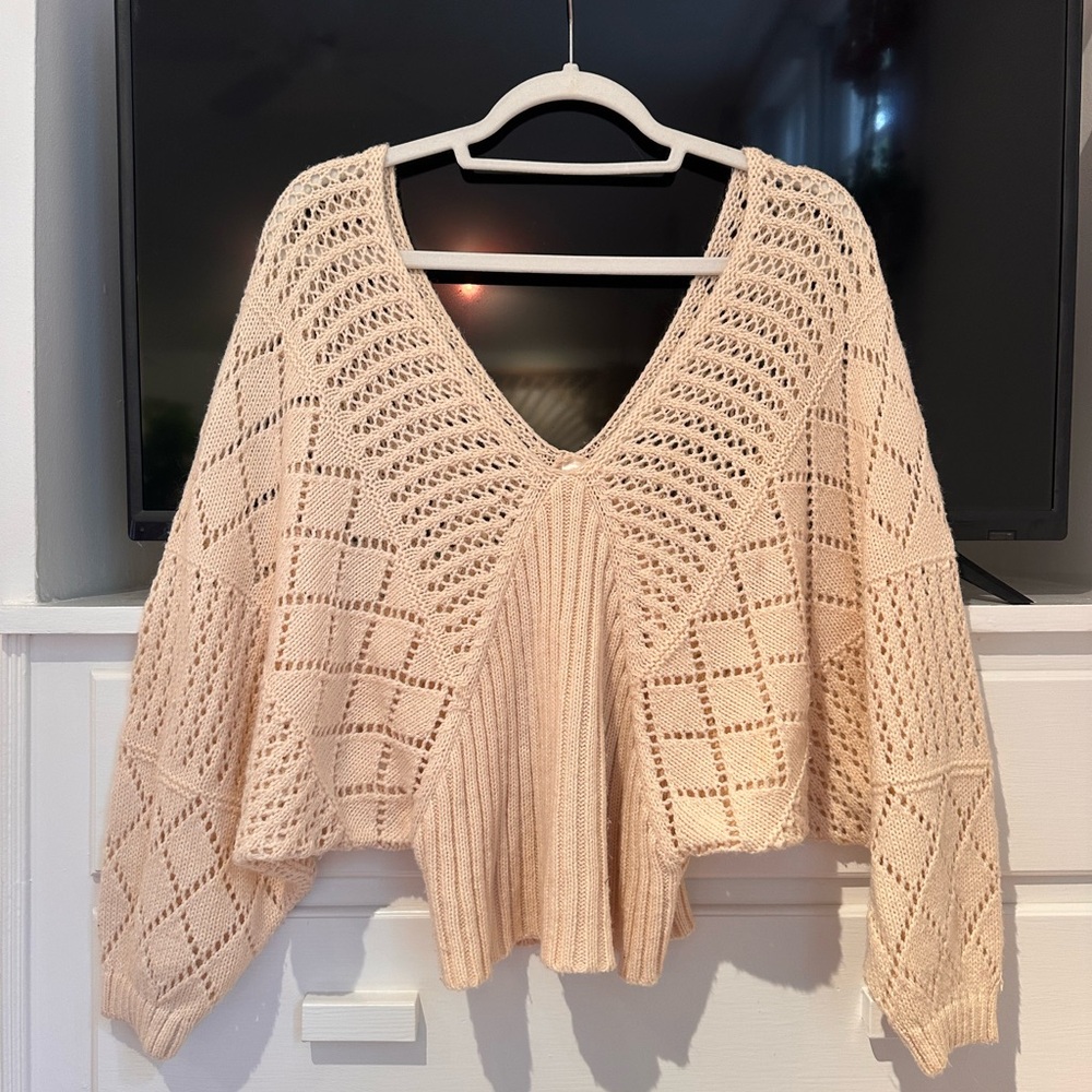 mahina Beige Open-Knit V-Neck Pullover Sweater